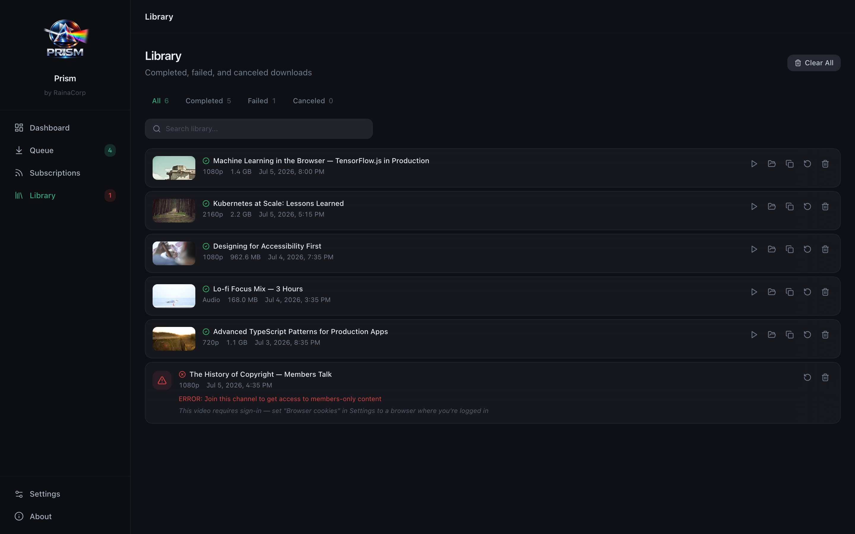 Prism library — completed, failed, and canceled downloads in tabs, with search and one-click retry