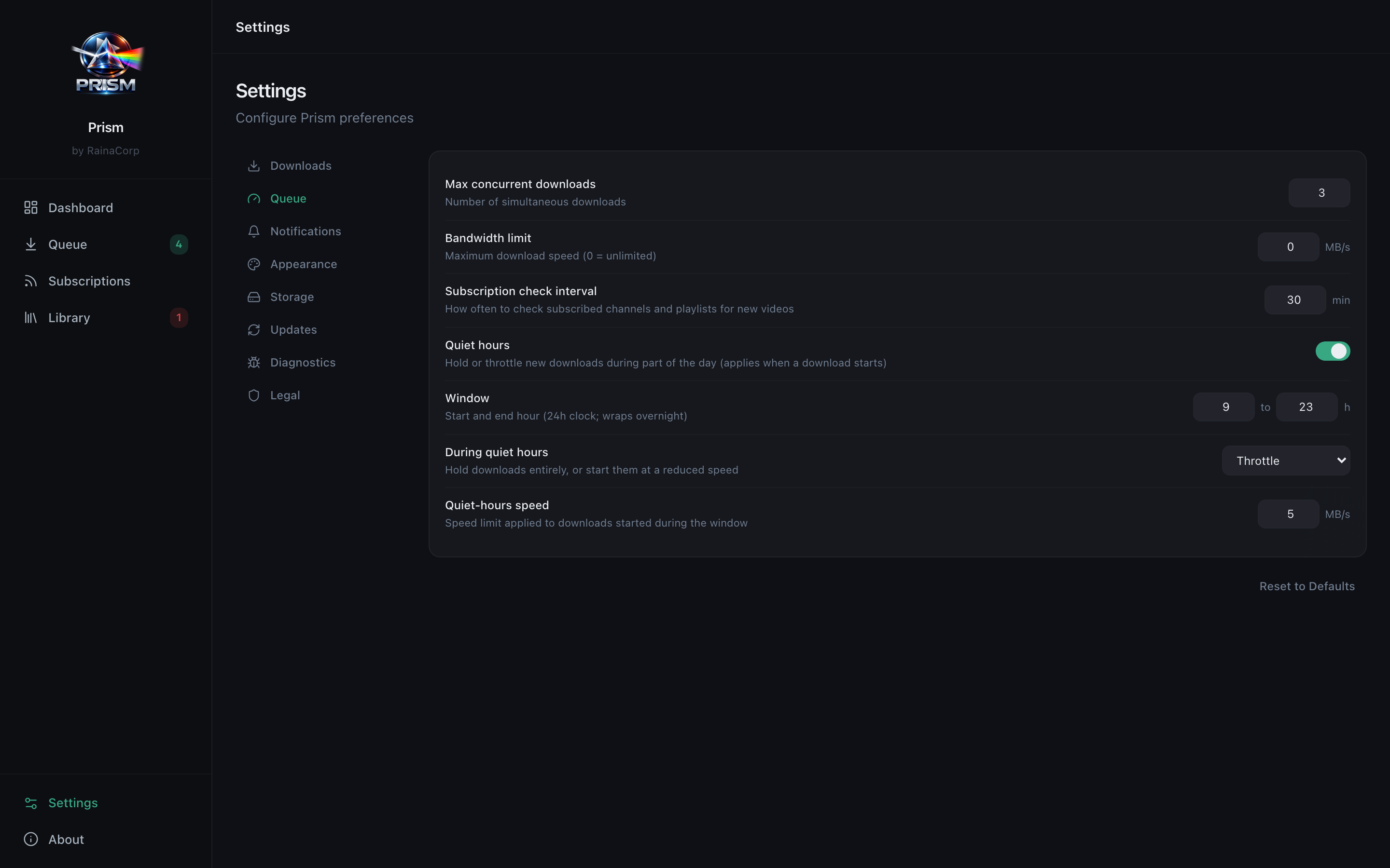 Prism settings — quiet hours with throttling, concurrency, and bandwidth controls